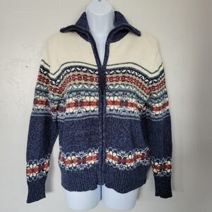 Tiara International Vintage Women's Medium Knit Jacket Full Zip Blue White Isle